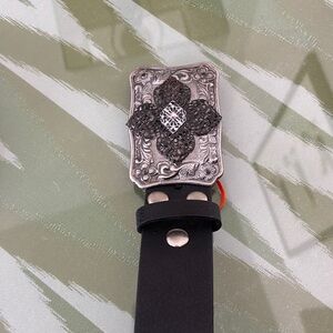 Black Leather Belt with Ornate Silver Buckle